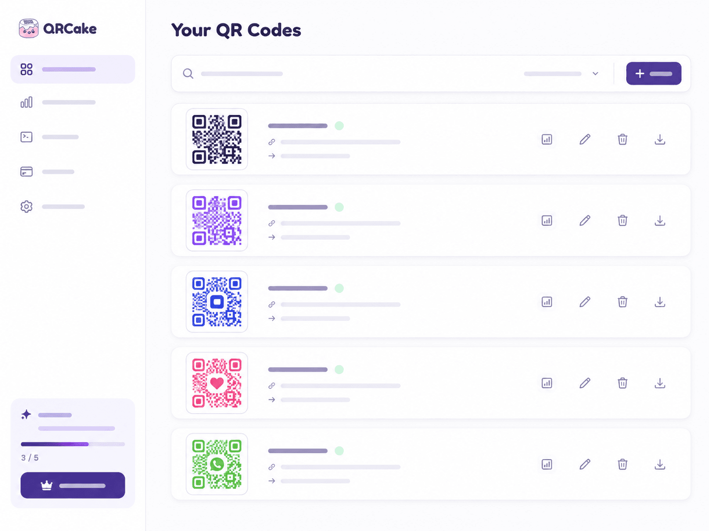 The QR Cake dashboard listing saved QR codes